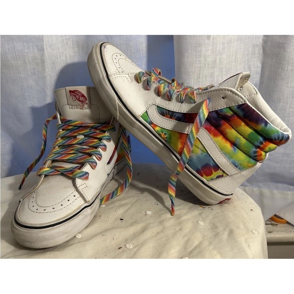 Vans Sk8-Hi Tapered Washed Tie Dye True White Men 8.5 Women 10 Rainbow laces EUC